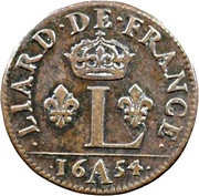 Liard of France with crowned L - Louis XIV, France, 1654-1656 reverse image