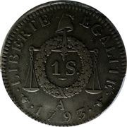 1 sol aux balances Française, type daté, France, 1793 reverse image