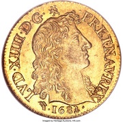 Gold Louis with bare head - Louis XIV large head obverse image