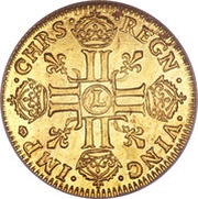 Gold Louis with wig and eight Ls - Louis XIV, France, 1658 reverse image
