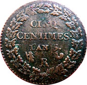 5 Centimes, France, 1796-1800 reverse image