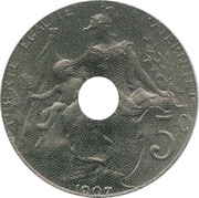 5 centimes Daniel-Dupuis Epreuve en nickel, perforé, France, 1907 reverse image