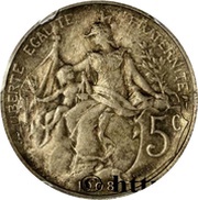 5 centimes Daniel-Dupuis Essai en argent, France, 1908 reverse image