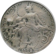 5 centimes Daniel-Dupuis Essai en argent, contremarqué, France, 1908 reverse image