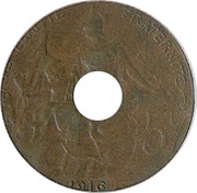 5 Centimes Daniel-Dupuis Epreuve en bronze, perforée, petit module, France, 1916 reverse image