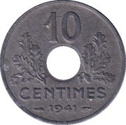 10 Centimes Vichy French State; large issue, France, 1941-1943 reverse image