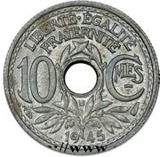 10 Centimes, France, 1944-1946 reverse image