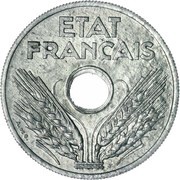 20 Centimes Vichy French State, Zinc, "20", heavy type obverse image