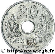 20 Centimes Vichy French State, Zinc, "20", heavy type, France, 1941-1943 reverse image