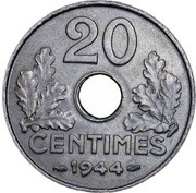 20 Centimes Vichy French State, Zinc, "20", light type, France, 1943-1944 reverse image