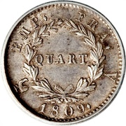 ¼ Franc - Napoléon I, France, 1809 reverse image