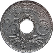 25 Centimes Dash under MES, France, 1914-1917 reverse image