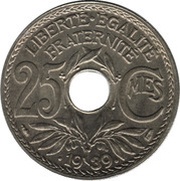 25 Centimes, France, 1938-1940 reverse image