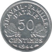 50 Centimes Vichy French State; light type, France, 1943-1944 reverse image