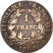 1 Franc - Napoleon I, France, 1806-1807 reverse image