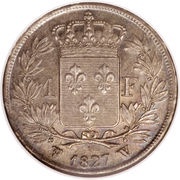 1 Franc - Charles X five leafs on the reverse, France, 1825-1830 reverse image