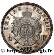 Essai de 1 franc Napoléon III, tête laurée par Barre, France, 1866 reverse image