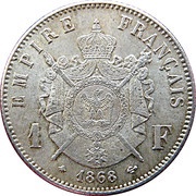 1 Franc - Napoleon III, France, 1866-1870 reverse image