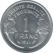 1 Franc aluminium, heavy type, France, 1941 reverse image