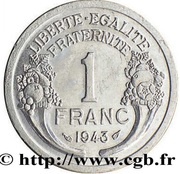 1 Franc - Graziani - Aluminium, France, 1943 reverse image