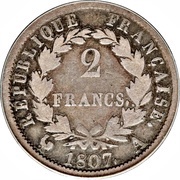 2 Francs - Napoléon I, France, 1807-1808 reverse image