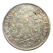 5 Francs Union et Force, UNION tight, with acorns Rim by collar obverse image