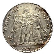 5 Francs Union et Force, UNION tight, with acorns Rim by collar, France, 1795-1796 reverse image