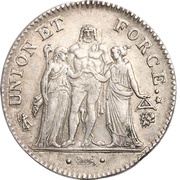 5 Francs Union et Force, UNION untight, with inner acorns and outer acorn, France, 1795-1800 reverse image