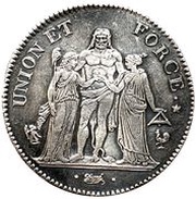 5 Francs Union et force, UNION tight, with inner acorns and outer acorn, France, 1795-1802 reverse image