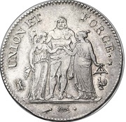 5 Francs Union et Force, UNION tight, with inner acorns and outer acorn, small leaf, France, 1797 reverse image