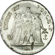 5 Francs Union et Force, UNION tight, with inner acorn below and outer acorn, France, 1797-1801 reverse image