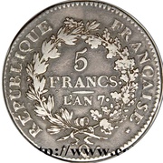 5 Francs Union et Force, UNION tight, with outer acorn only, small leaf obverse image