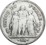 5 Francs Union et Force, UNION untight, with outer acorn only, small leaf, France, 1798 reverse image