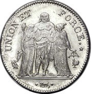 5 Francs Union et Force, UNION tight, with inner acorns only, France, 1801-1802 reverse image