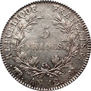 5 Francs - Napoleon I nude head, transitional type, France, 1803 reverse image