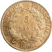 5 Francs - Napoleon I french republic, France, 1807-1808 reverse image