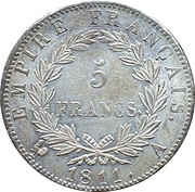 5 Francs - Napoleon I French Empire, France, 1809-1814 reverse image