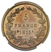 5 Francs - Napoleon I pattern of Droz, France, 1815 reverse image