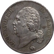 5 Francs - Louis XVIII bare bust obverse image