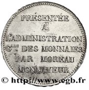 5 Francs pattern of virole with modul of 5 francs by Moreau, France, 1824 reverse image