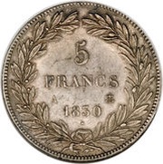 5 Francs - Louis-Philippe I without I, engraved edge, France, 1830 reverse image