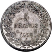5 Francs - Louis-Philippe without I - relief edge, France, 1830 reverse image