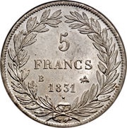 5 Francs - Louis-Philippe with I - relief edge, France, 1830-1831 reverse image