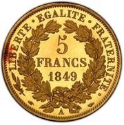 5 Francs gold pattern, France, 1849 reverse image