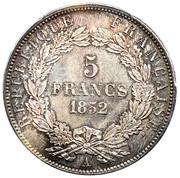 5 Francs - Louis-Napoléon Bonaparte, France, 1852 reverse image