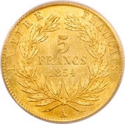 5 Francs - Napoleon III large head, France, 1854-1855 reverse image
