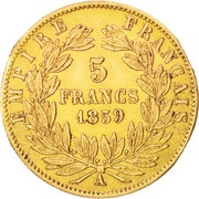 5 Francs - Napoleon III small head, France, 1855-1860 reverse image