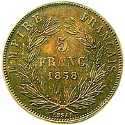 5 Francs - Napoleon III pattern of Barre, France, 1858 reverse image