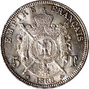 5 Francs - Napoleon III, France, 1861-1870 reverse image