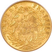 5 Francs - Napoleon III, France, 1862-1869 reverse image